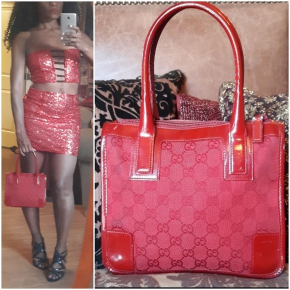 On hold❤GUCCI JACQUARD/ PATENT BAG - Picture 2 of 7